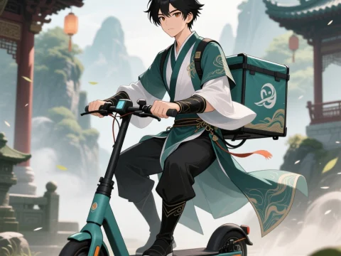 Anime Protagonist Riding Scooter in Traditional Asian Setting