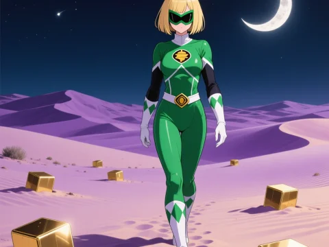 Anime Ranger in Green Suit Walking Through Desert at Night