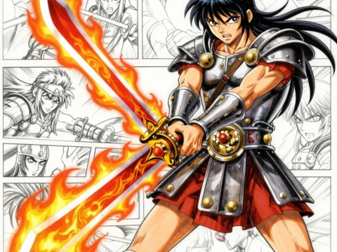 Anime Roman Soldier Wielding Flaming Sword