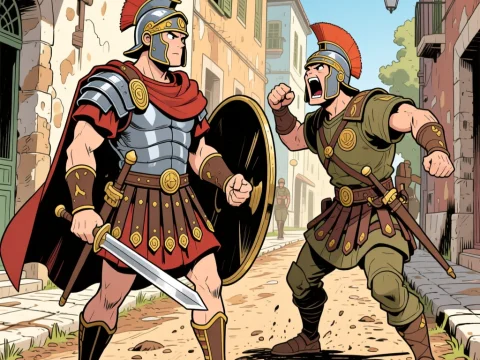 Anime Roman Soldiers Confrontation in Ancient Street