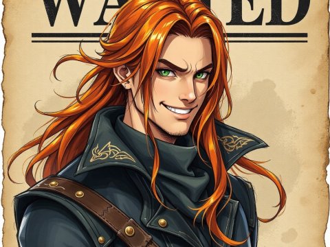 Anime RPG Fantasy Wanted Poster of Charismatic Red-Haired Rogue
