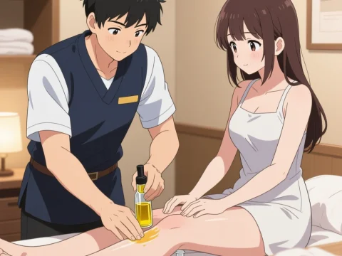 Anime Scene of Man Giving Woman a Leg Massage with Oil