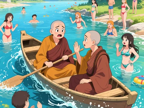 Anime Scene of Monks in Boat Surrounded by Bathers in River