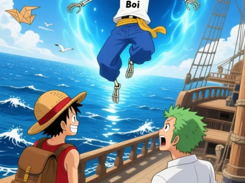 Anime Scene with Skeleton Boi Emerging from Portal on Pirate Ship