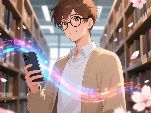 Anime Scholar with Digital Aura in Library