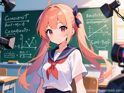 Anime Schoolgirl in Classroom with Math Blackboard