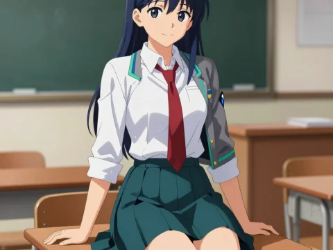Anime Schoolgirl Sitting on Desk in Classroom