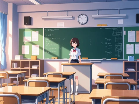Anime Schoolgirl Standing in Bright Classroom