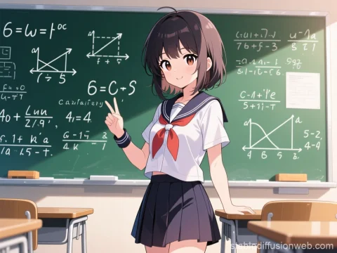 Anime Schoolgirl Teaching Math in Classroom