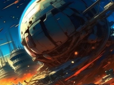 Anime Sci-Fi War Scene with Massive Spaceship and Explosions