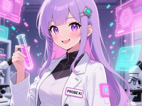 Anime Scientist with Neon Test Tube in Futuristic Lab