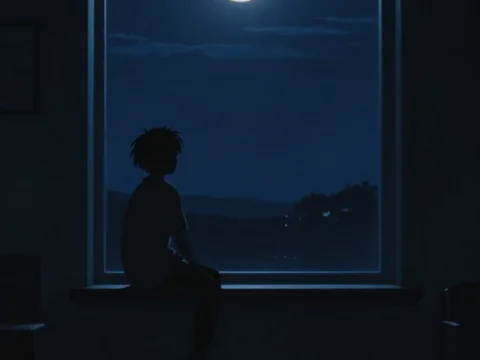 Anime Silhouette Sitting by Moonlit Window
