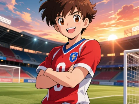 Anime Soccer Hero Standing Confidently on the Field at Sunset