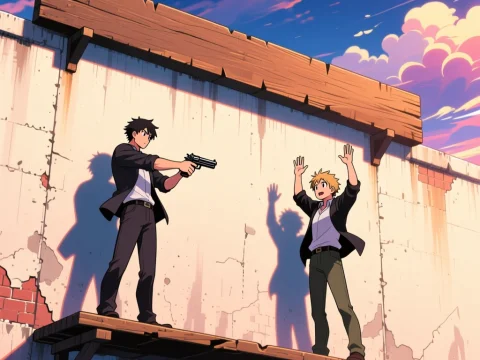 Anime Standoff on a Rooftop at Sunset