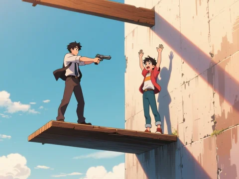 Anime Standoff on Floating Wooden Platforms