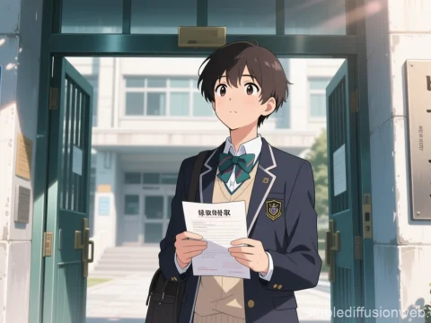 Anime Student Holding Letter at School Entrance