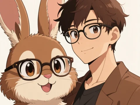 Anime Style Boy and Brown Rabbit Both Wearing Glasses