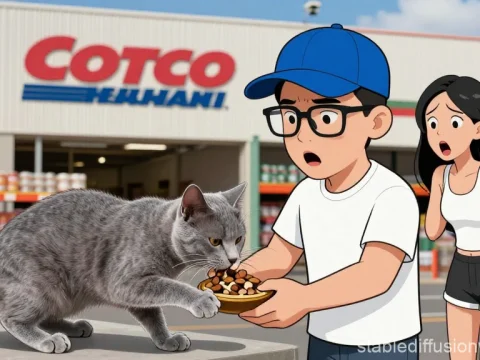 Anime Style Boy Feeding Russian Blue Cat Outside Store