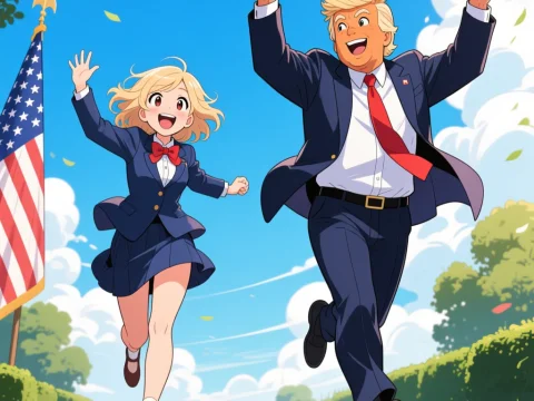 Anime Style Cheerful Characters Running Outdoors