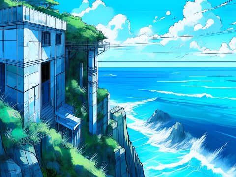 Anime Style Concrete Building on Cliff Overlooking Ocean