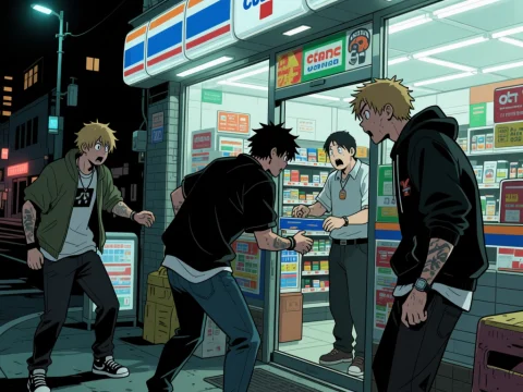 Anime Style Convenience Store Robbery Scene at Night