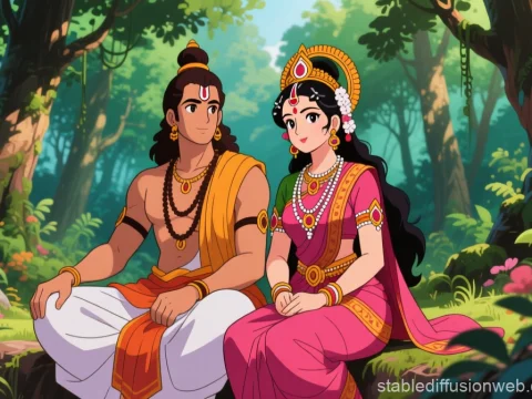 Anime-style depiction of a traditional Indian couple in a forest