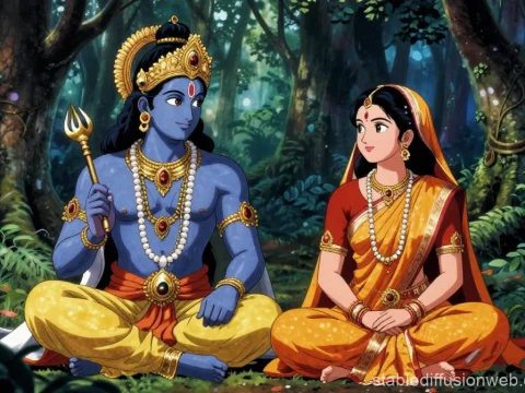 Anime Style Depiction of Shree Ram and Sita in Forest