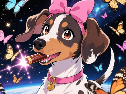 Anime Style Dog with Pink Bow and Butterflies in Space