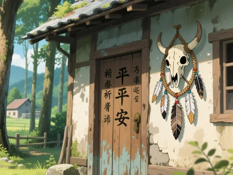 Anime Style Farmhouse with Tribal Skull Decoration