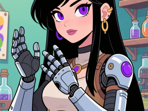 Anime Style Female Inventor with Cybernetic Arms in Lab