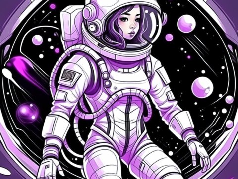 Anime Style Girl in Space Suit Floating in Cosmic Space