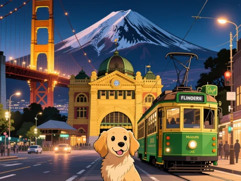Anime Style Golden Retriever Puppy in a Vibrant Cityscape