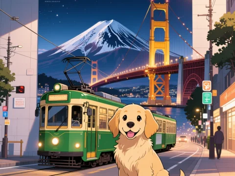 Anime Style Golden Retriever Puppy in Urban Night Scene
