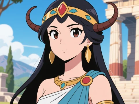 Anime Style Greek Antigone with Horned Headpiece