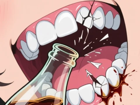 Anime Style Illustration of Tooth Damage from Drinking Coke