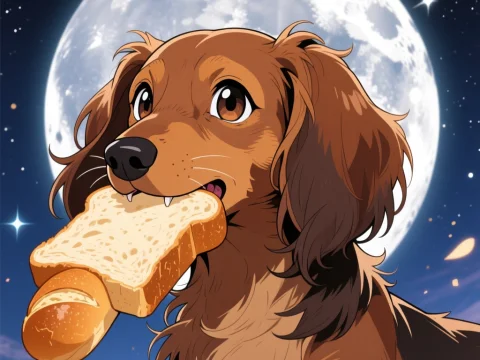 Anime Style Long-Haired Dog Holding Bread Under Full Moon