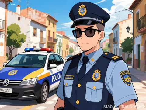 Anime Style Police Officer in Town Street
