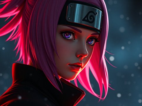Anime Style Portrait of a Pink-Haired Ninja with Glowing Eyes