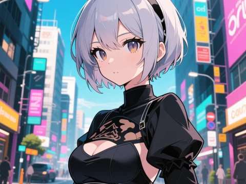 Anime Style Portrait of a Silver-Haired Girl in Urban Setting