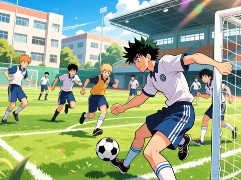 Anime Style Soccer Match on Sunny School Field