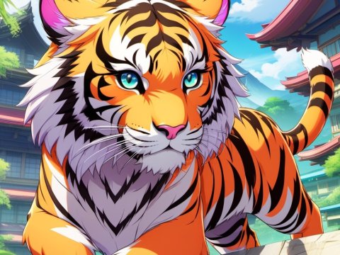 Anime Style Tiger with Blue Eyes in Traditional Asian Setting