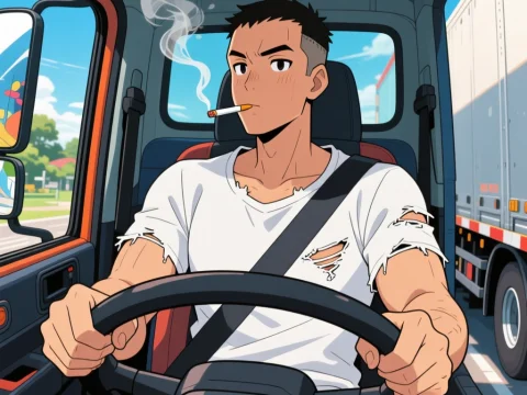 Anime Style Trucker Smoking While Driving
