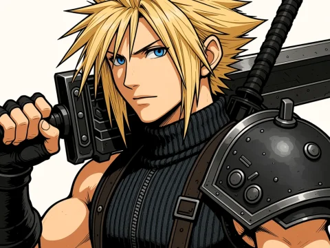 Anime Style Warrior with Spiky Blonde Hair and Large Sword