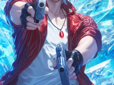 Anime Style White-Haired Gunslinger with Ice Crystals