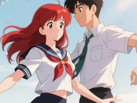 Anime Style Young Couple in School Uniforms Outdoors