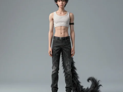 Anime Style Young Male Character with Black Tail
