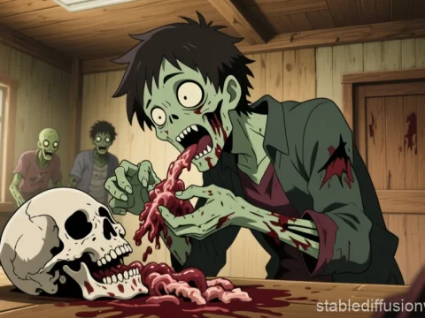 Anime Style Zombies Eating Brains in Wooden Room