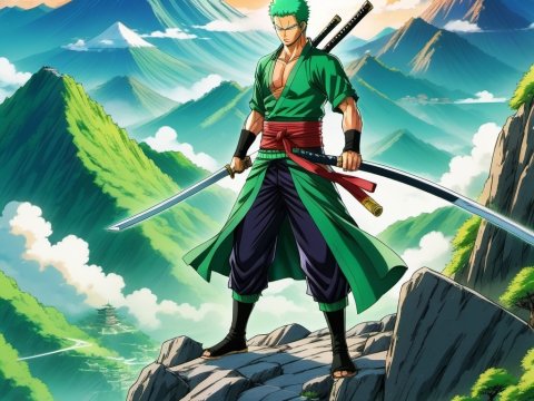 Anime Swordsman Standing on Rocky Cliff with Mountain Sunrise