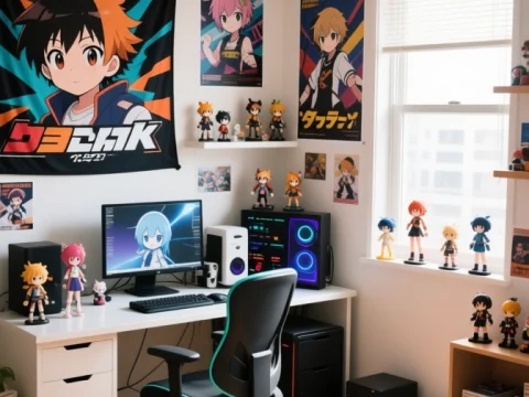 Anime-themed gaming and workspace setup in bright room