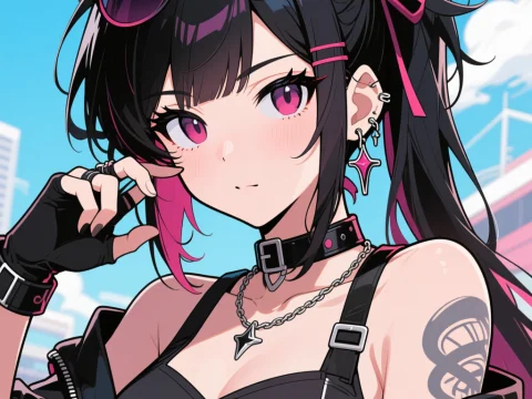 Anime Tomboy Girl with Pink Highlights and Accessories